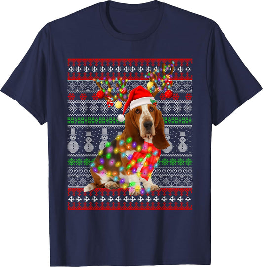 Santa Basset Hound Dog Christmas Lights Ugly Xmas Sweater Men Women Kids T-Shirt - T-Shirt | Navy