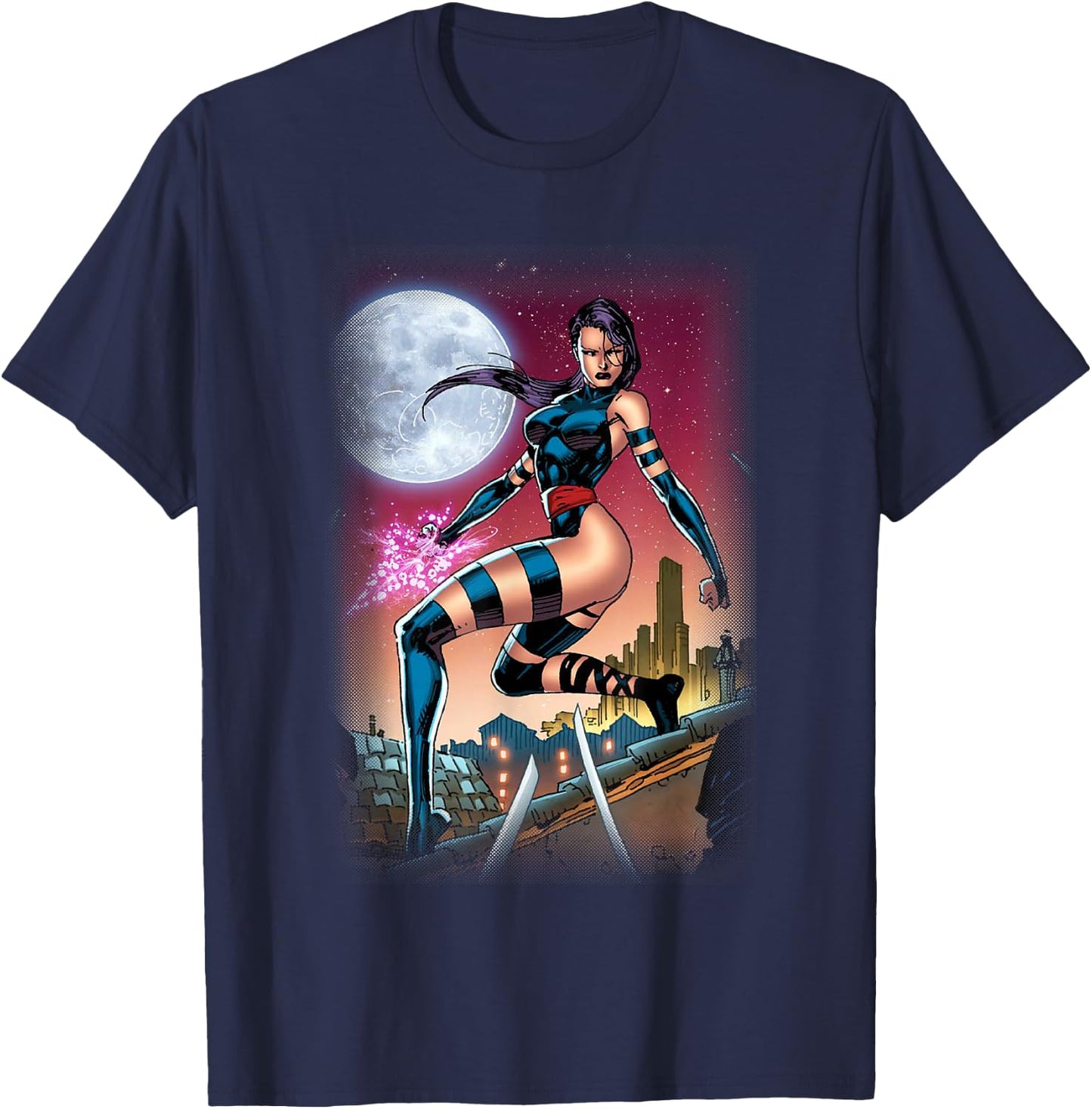 Marvel X-Men Psylocke Epic Rooftop At Night Portrait T-Shirt - T-Shirt | Navy