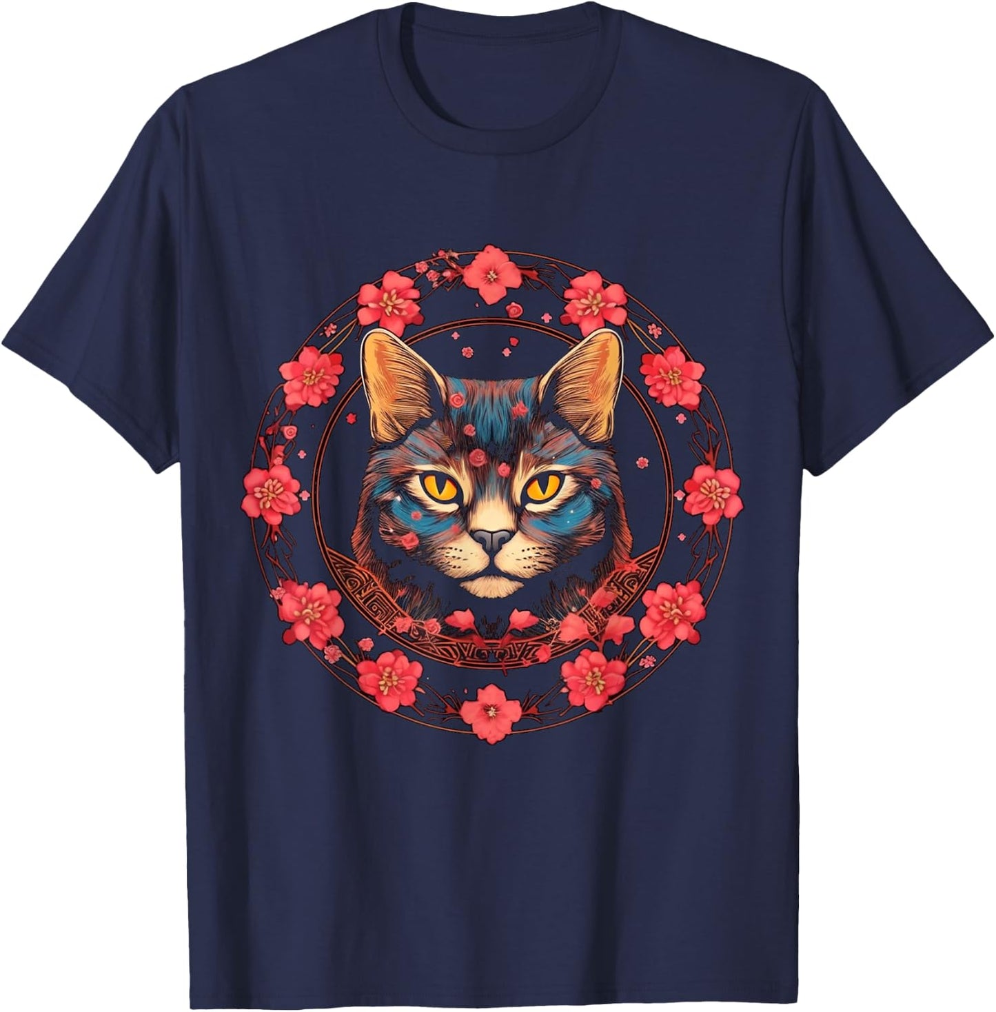 Cat Flower Artwork | Animal Cherry Blossoms Motif Cat T-Shirt - T-Shirt | Navy