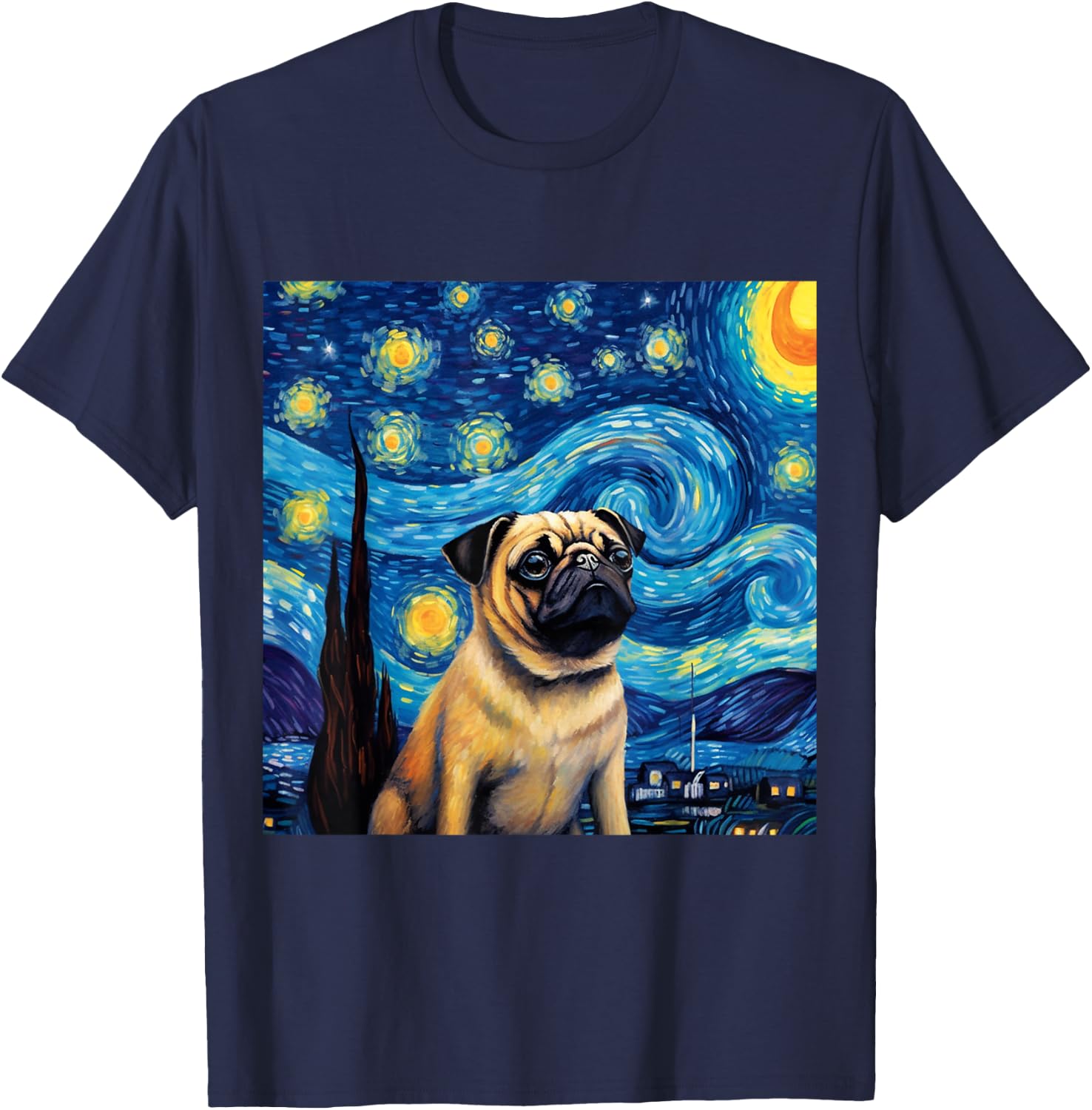 Pug Starry Night - Pug T-Shirt - T-Shirt | Navy