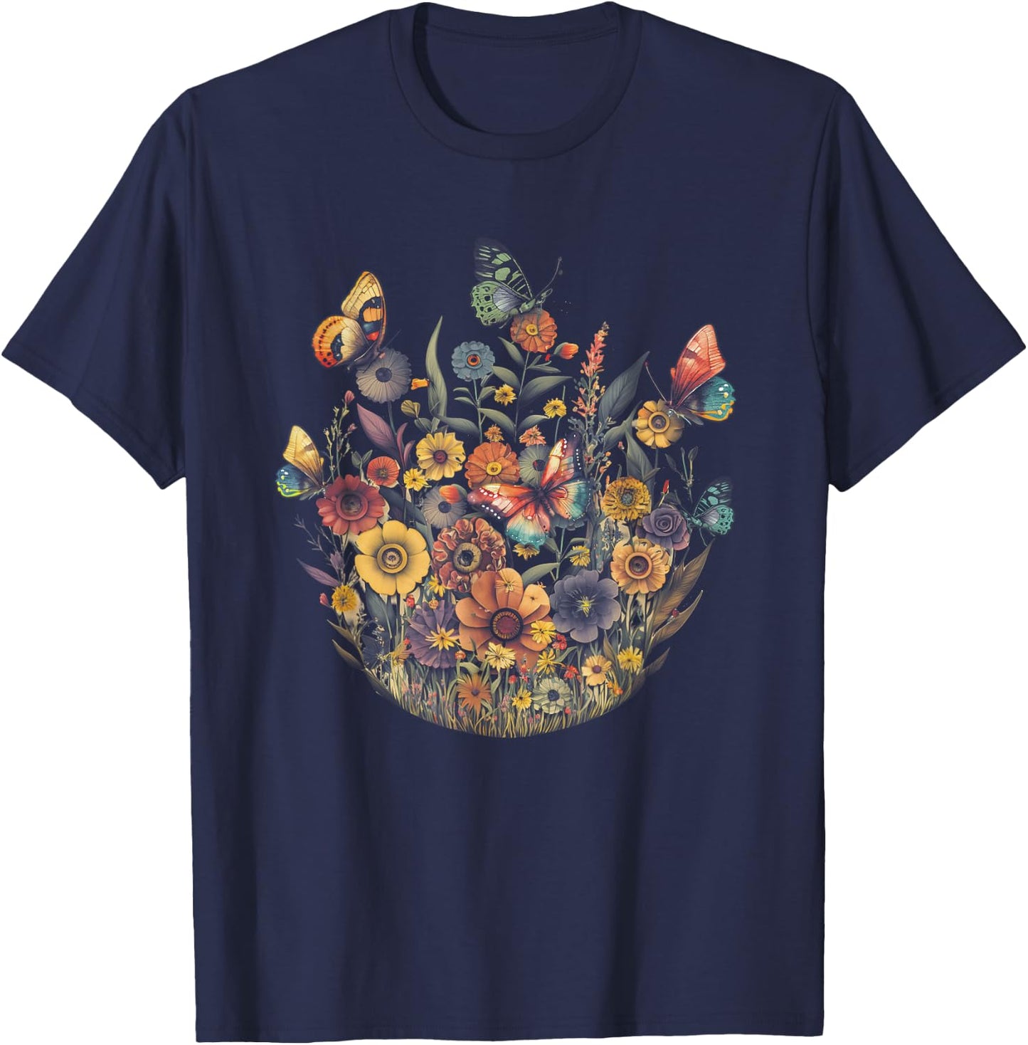 Vintage Pressed Flowers Butterflies Floral Boho Wildflowers T-Shirt - T-Shirt | Navy
