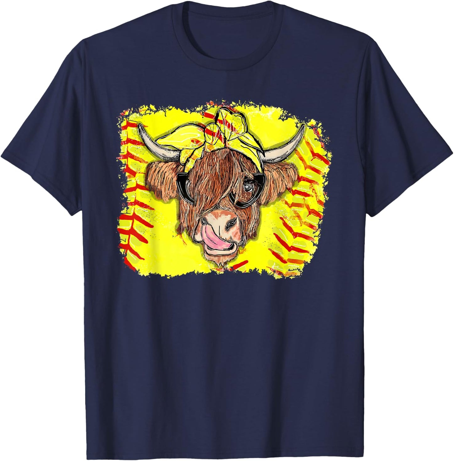Softball Highland Cow With Bandana Glasses Happy Mother's T-Shirt - T-Shirt | Navy