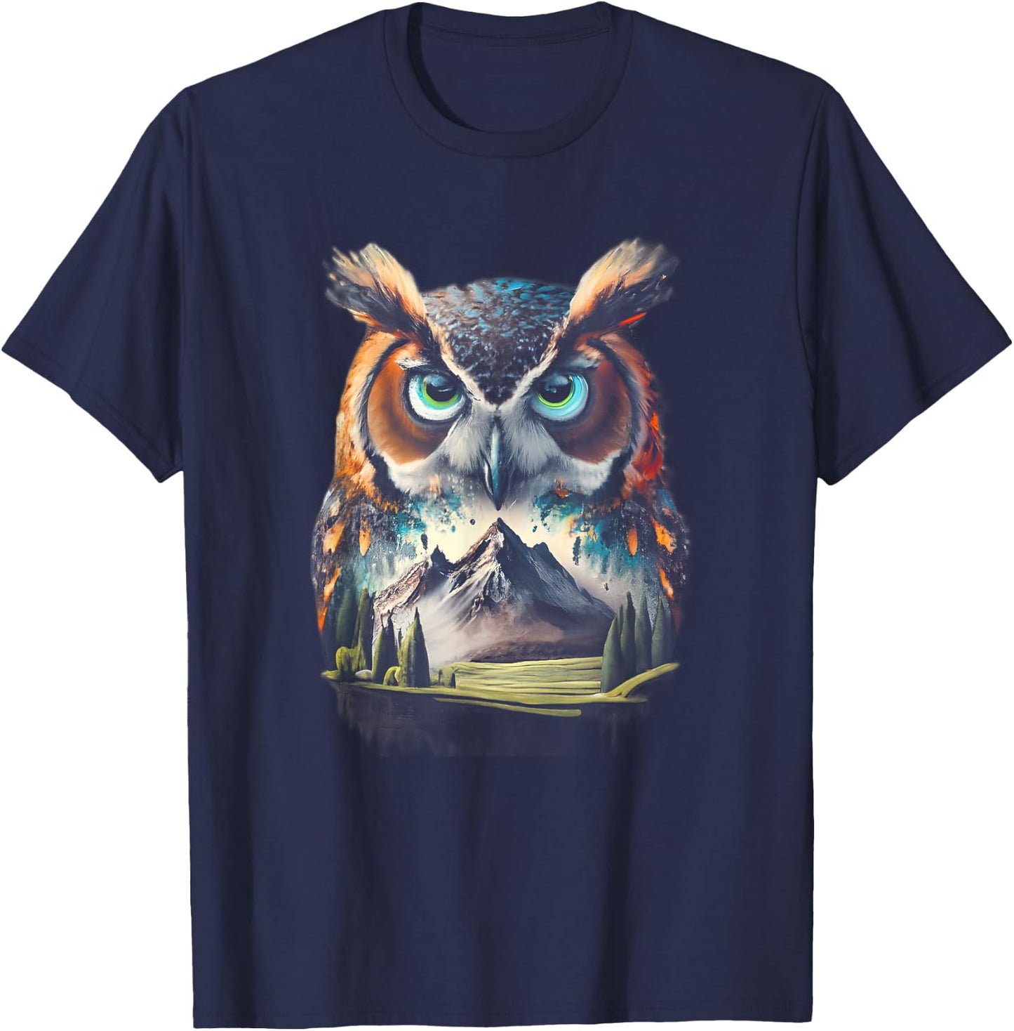 Abstract Owl Mountain Realistic Animal Nature T-Shirt - T-Shirt | Navy