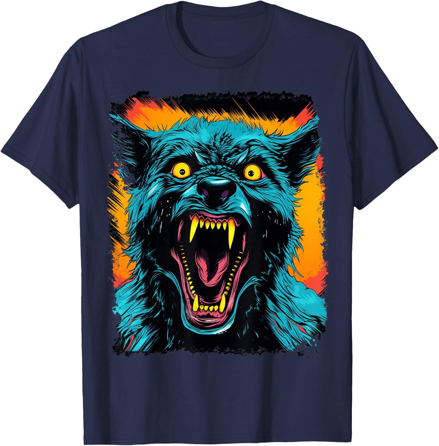FrightNightFits Werewolf Halloween Graphic - Black, -Adults & Kids, Short Sleeve, Small T-Shirt - T-Shirt | Navy