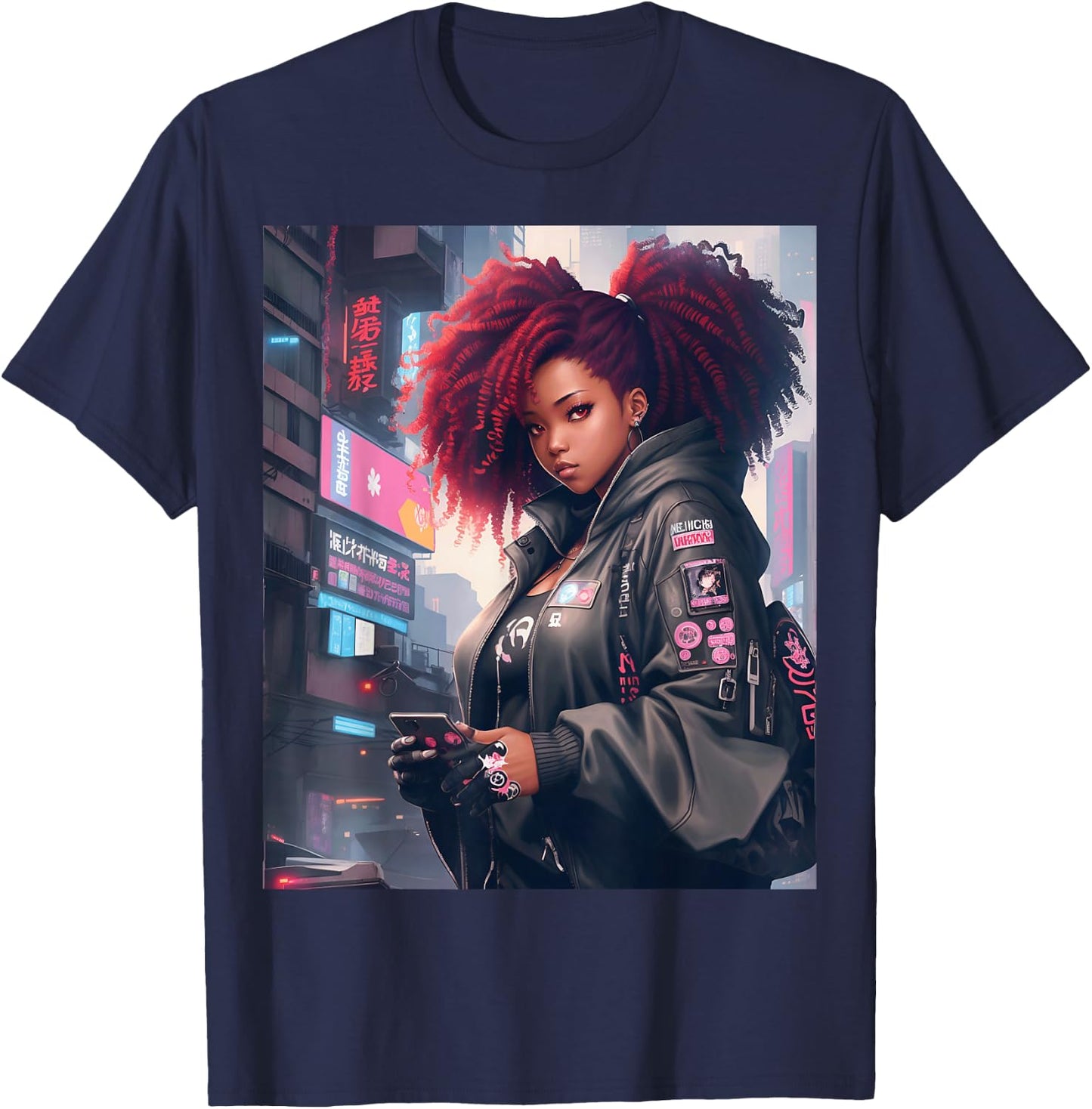 Black Anime Girl Kawaii Waifu Aesthetic T-Shirt - T-Shirt | Navy