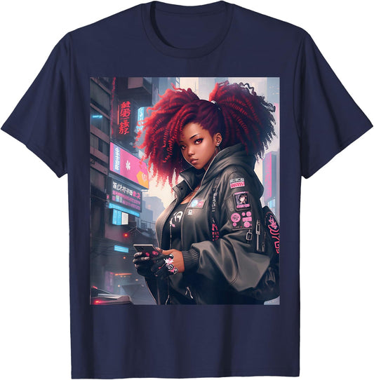 Black Anime Girl Kawaii Waifu Aesthetic T-Shirt - T-Shirt | Navy