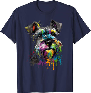 Mini Miniature Schnauzer Face Colorful Dog Art Black T-Shirt - T-Shirt | Navy
