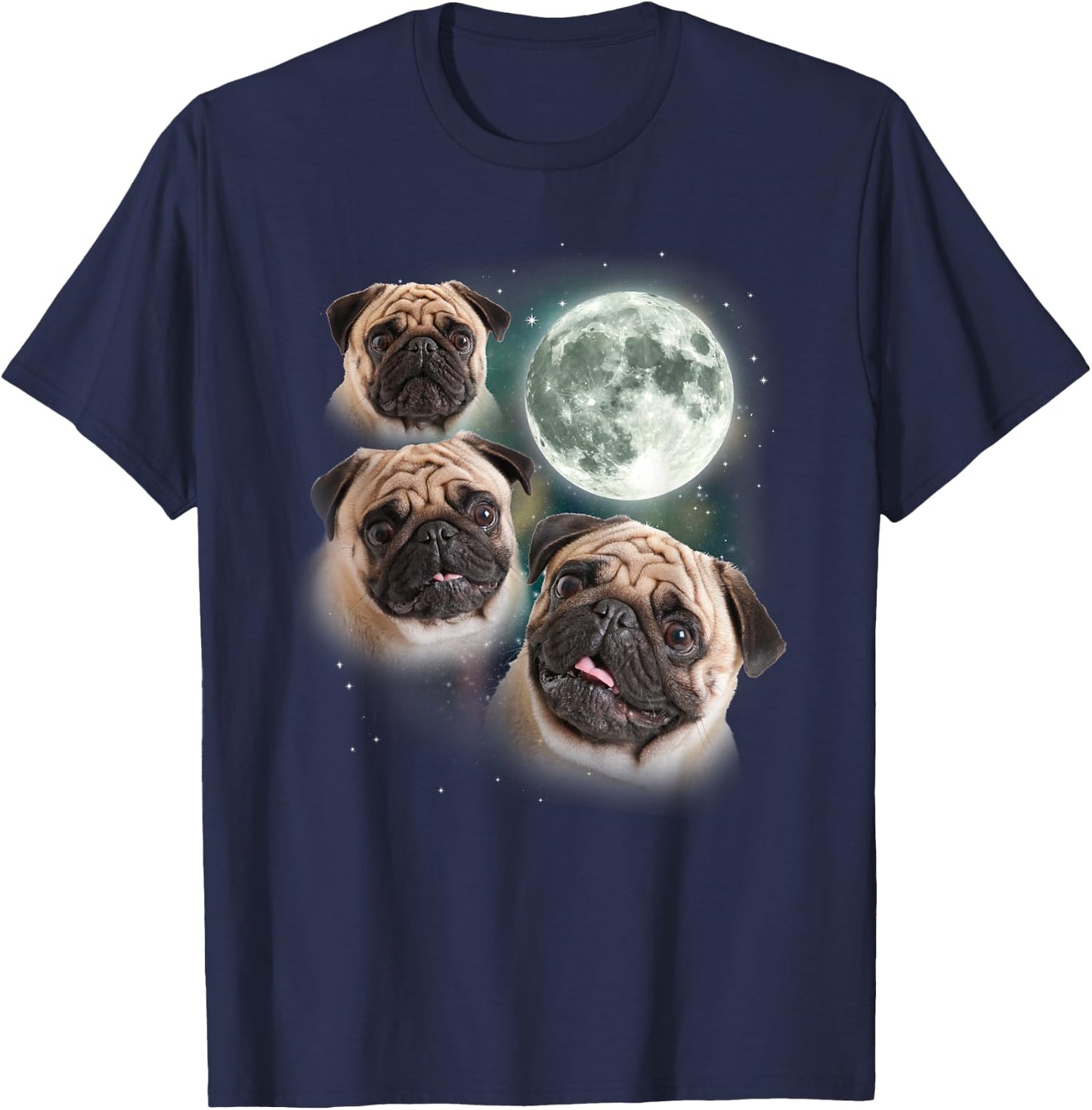 Funny Pug Shirt | 3 Pug Moon Dog Lovers Three Space Canines T-Shirt - T-Shirt | Navy