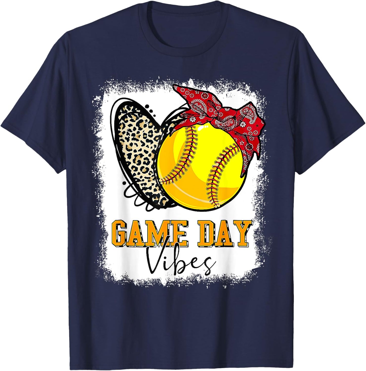Softball Game Day Vibes Leopard Heart Headband Mom Bleached T-Shirt - T-Shirt | Navy