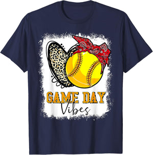 Softball Game Day Vibes Leopard Heart Headband Mom Bleached T-Shirt - T-Shirt | Navy