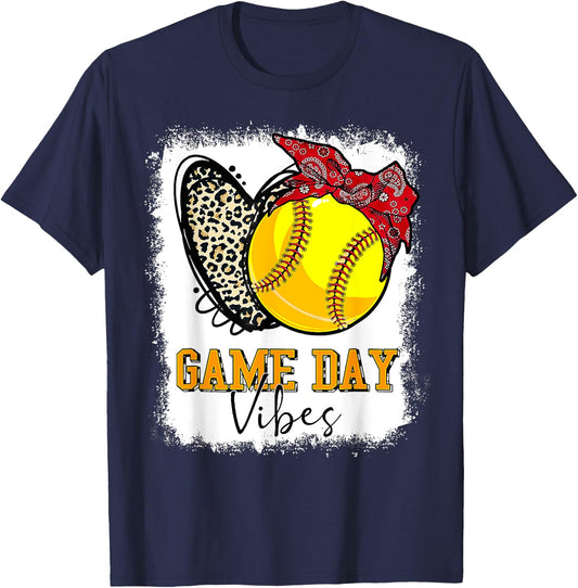 Softball Game Day Vibes Leopard Heart Headband Mom Bleached T-Shirt - T-Shirt | Navy