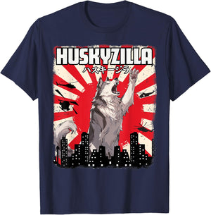 Husky-Zilla Funny Cute Husky Dog Kawaii Art Japanese Sunset T-Shirt - T-Shirt | Navy