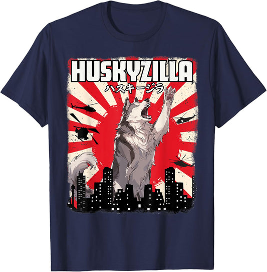 Husky-Zilla Funny Cute Husky Dog Kawaii Art Japanese Sunset T-Shirt - T-Shirt | Navy