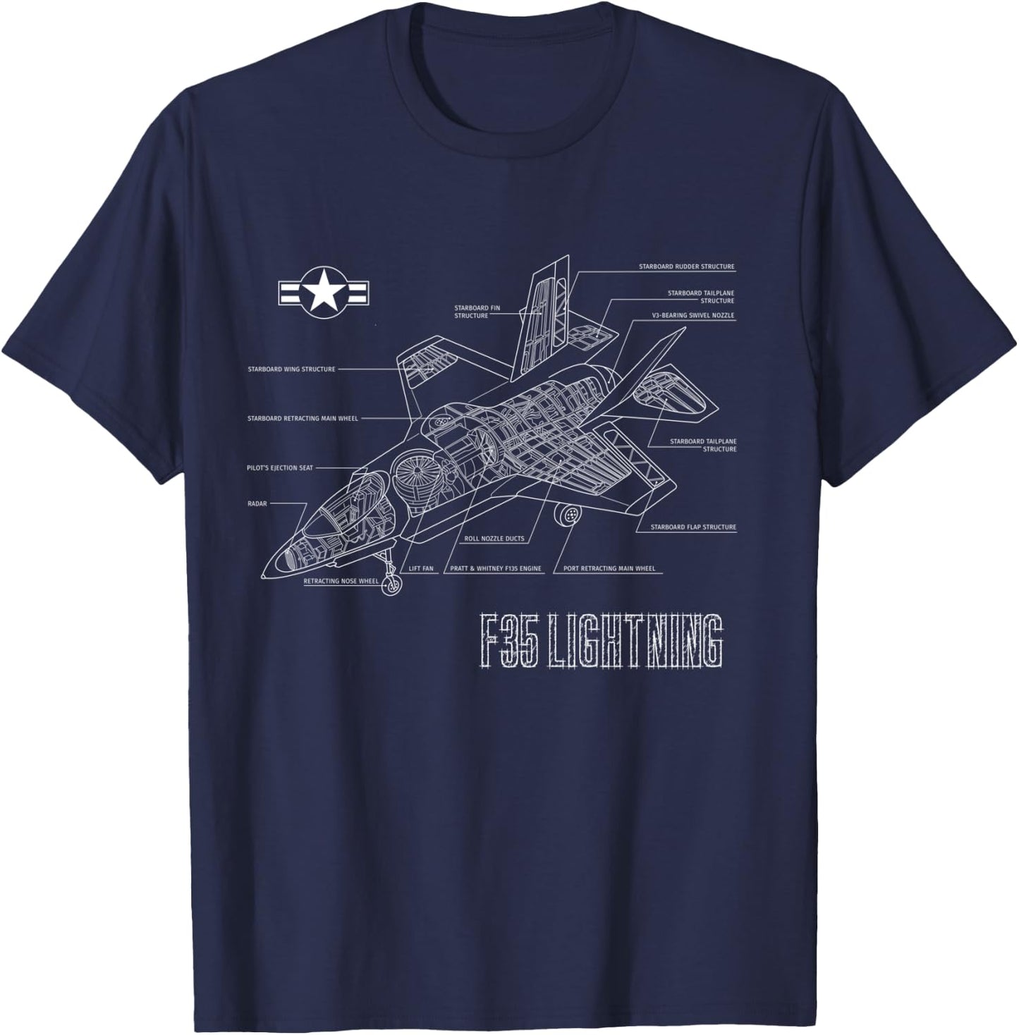 American Aircraft Stealth Fighter F35 lightning blueprint T-Shirt - T-Shirt | Navy