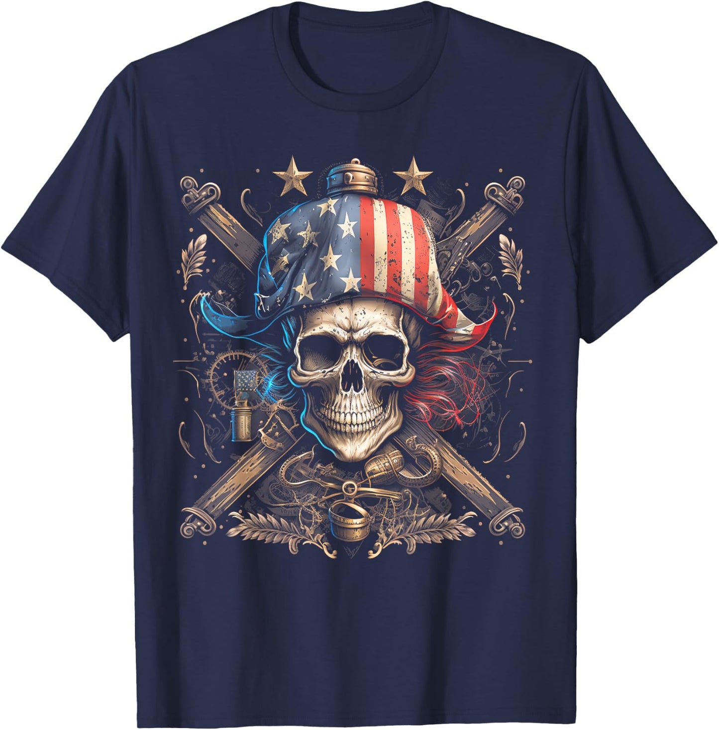 Pirate 4th of July American Flag USA America Funny T-Shirt - T-Shirt | Navy