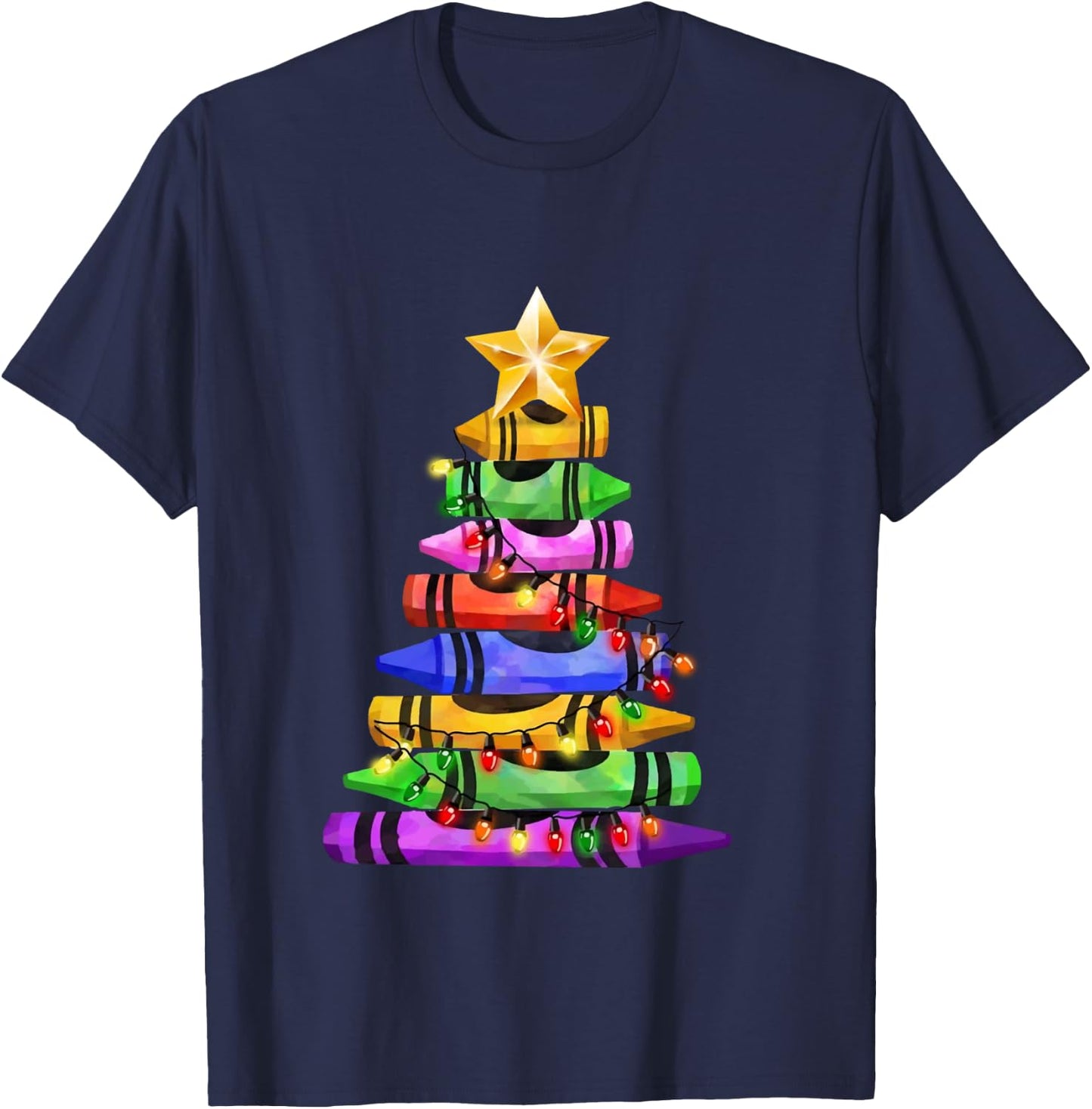 Funny Student Teacher Crayon Christmas Tree Lights Cute Xmas T-Shirt - T-Shirt | Navy