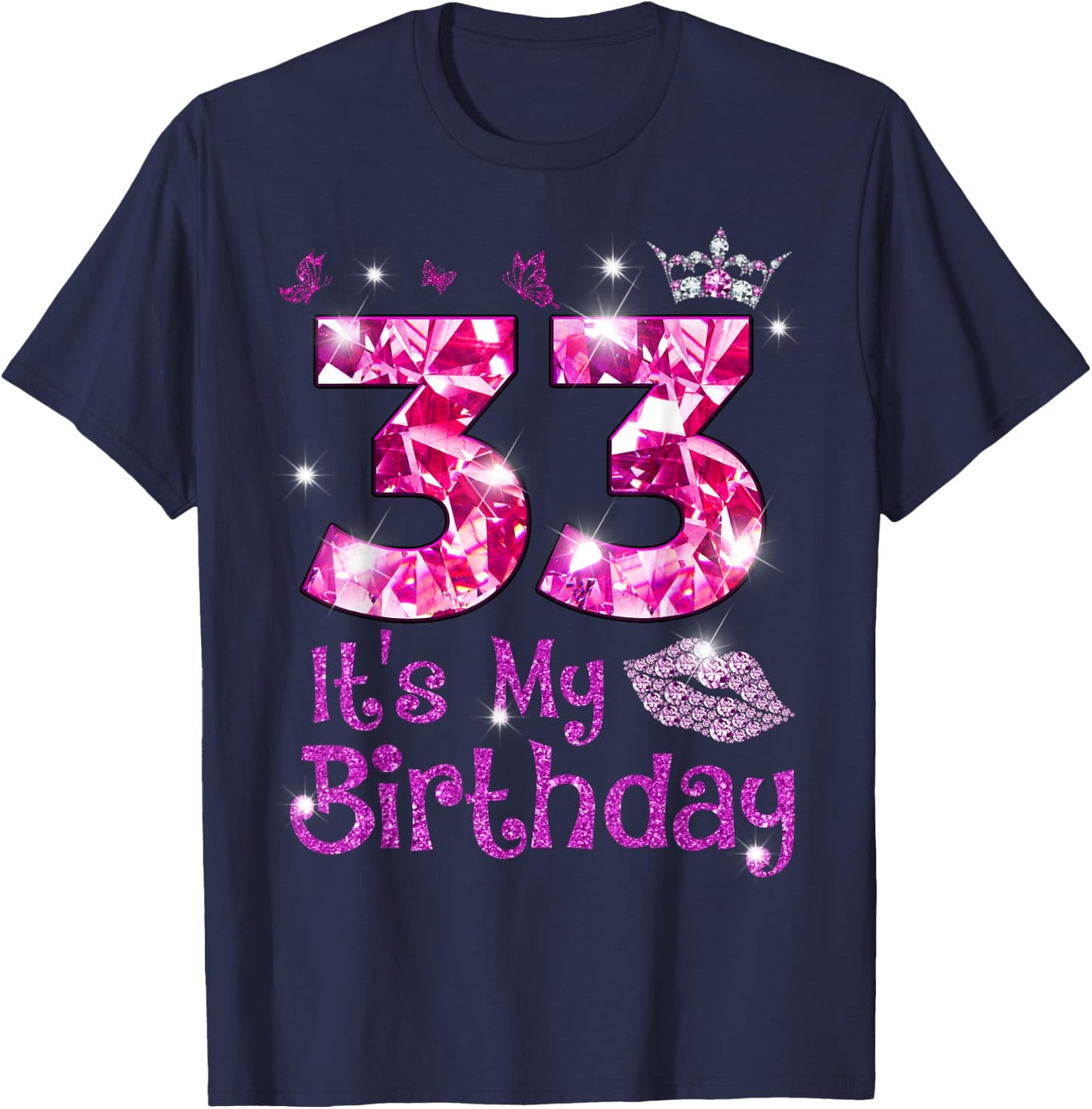Vintage Happy 33 It's My Birthday Crown Lips 33rd Birthday T-Shirt - T-Shirt | Navy