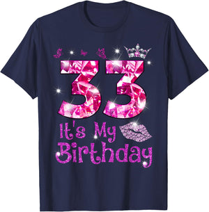 Vintage Happy 33 It's My Birthday Crown Lips 33rd Birthday T-Shirt - T-Shirt | Navy
