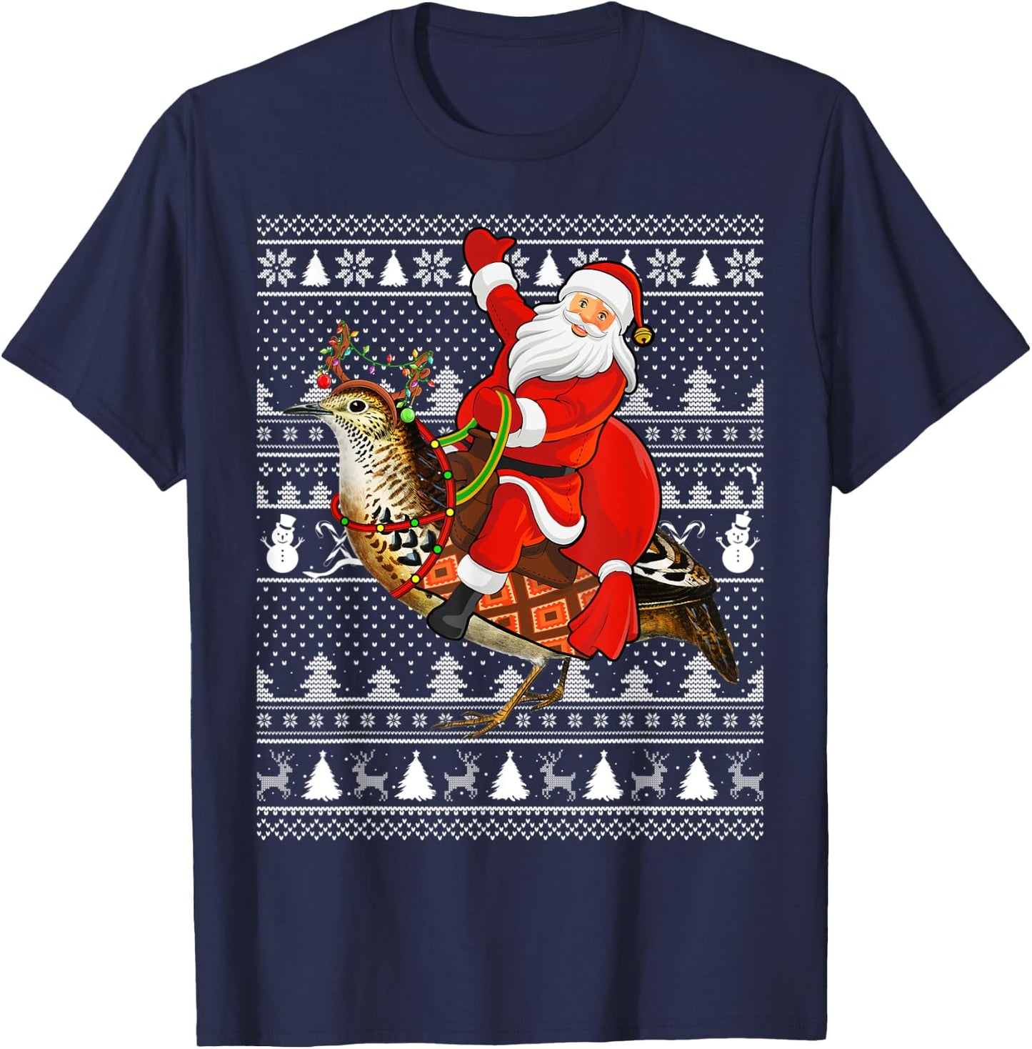Quail Bird Xmas Holiday Ugly Santa Riding Quail Christmas T-Shirt - T-Shirt | Navy