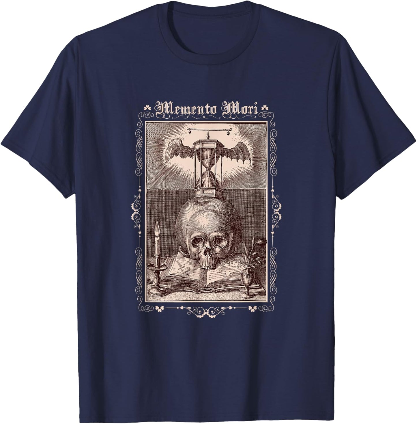 Memento Mori Gothic Skull Hourglass Witch Dark Academy T-Shirt - T-Shirt | Navy