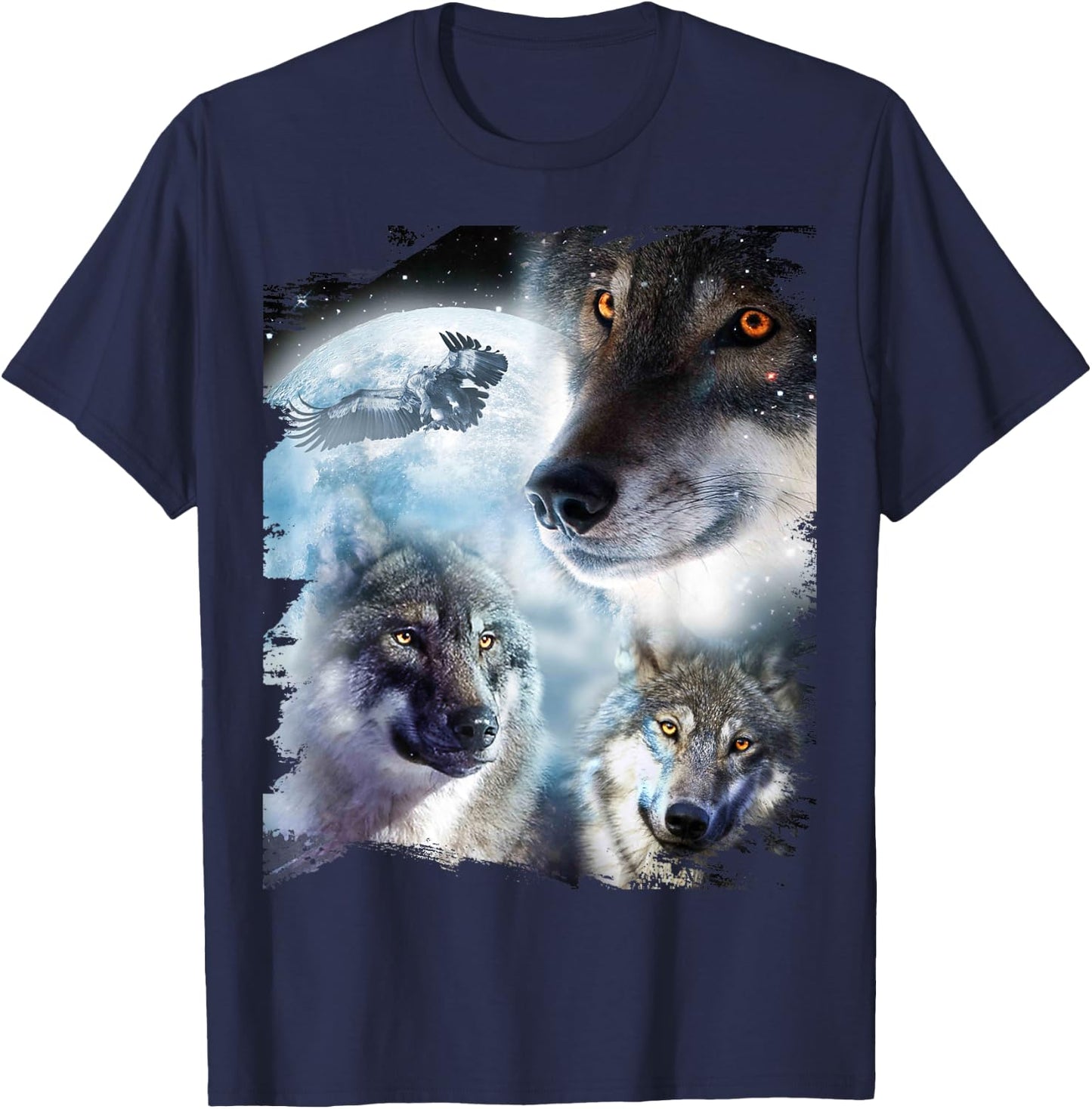 Space Wolves 3 Three Snow Wolf Howling At Moon T-Shirt - T-Shirt | Navy