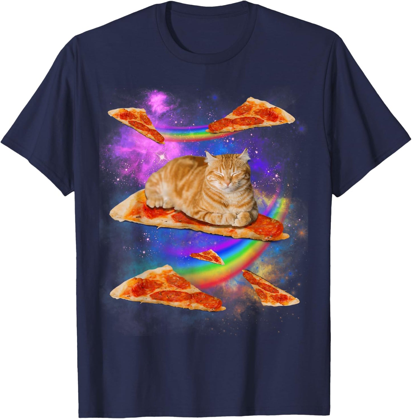 Funny Galaxy Cat in Space, Cat Riding Pizza T-Shirt - T-Shirt | Navy