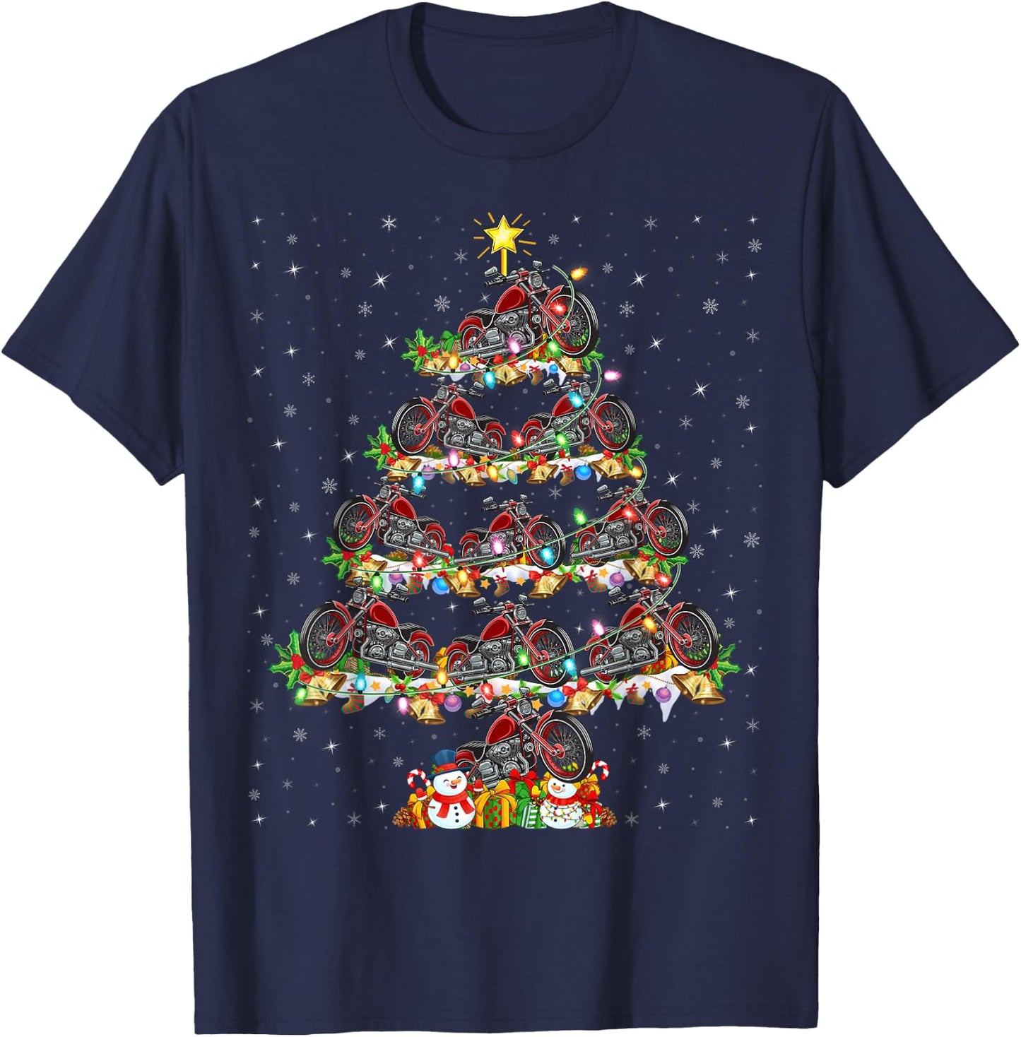 Motorcycle Xmas Lighting Santa Motorcycle Christmas Tree T-Shirt - T-Shirt | Navy