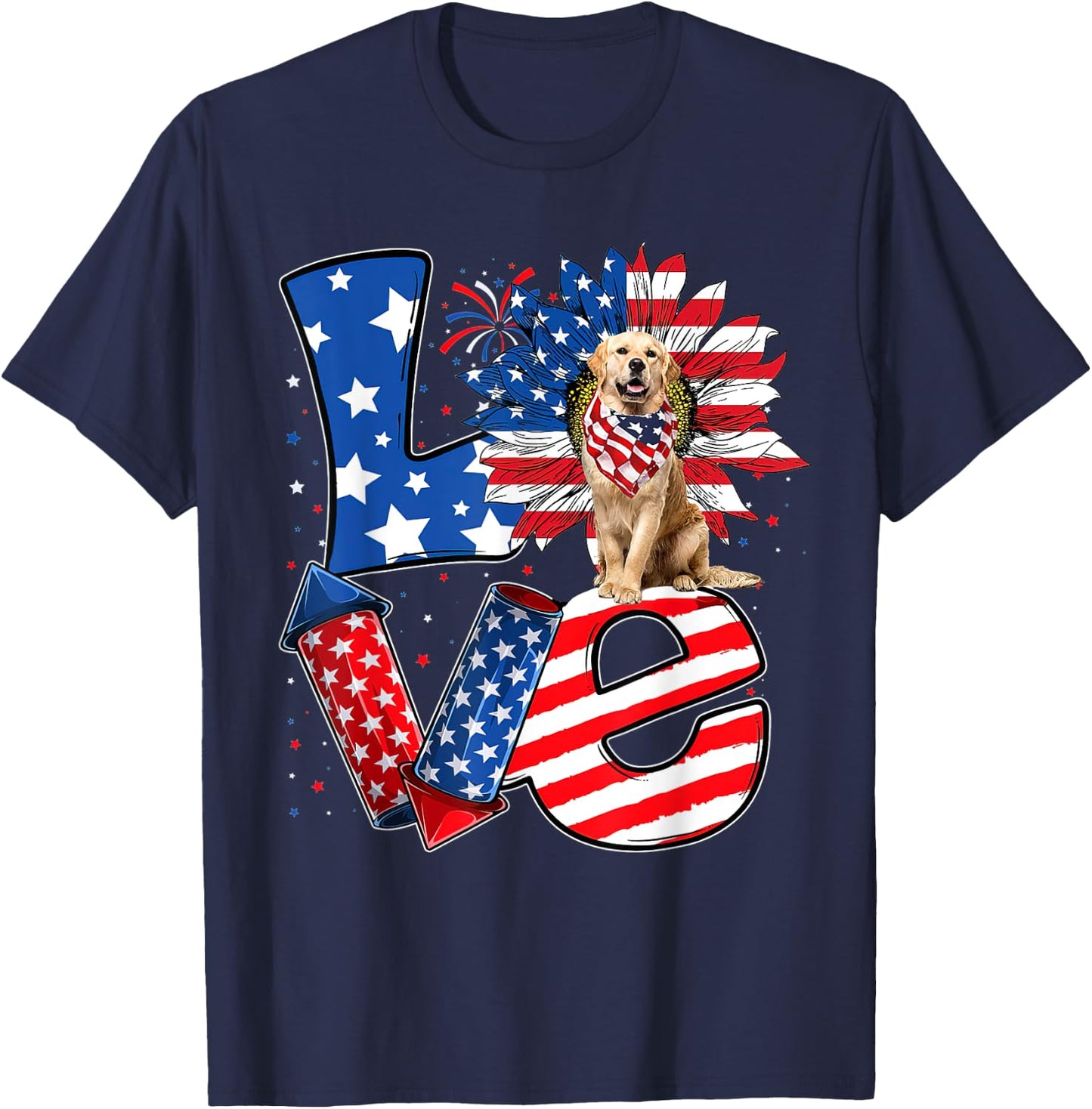 4th of July Decor Patriotic LOVE Golden Retriever Dog USA T-Shirt - T-Shirt | Navy