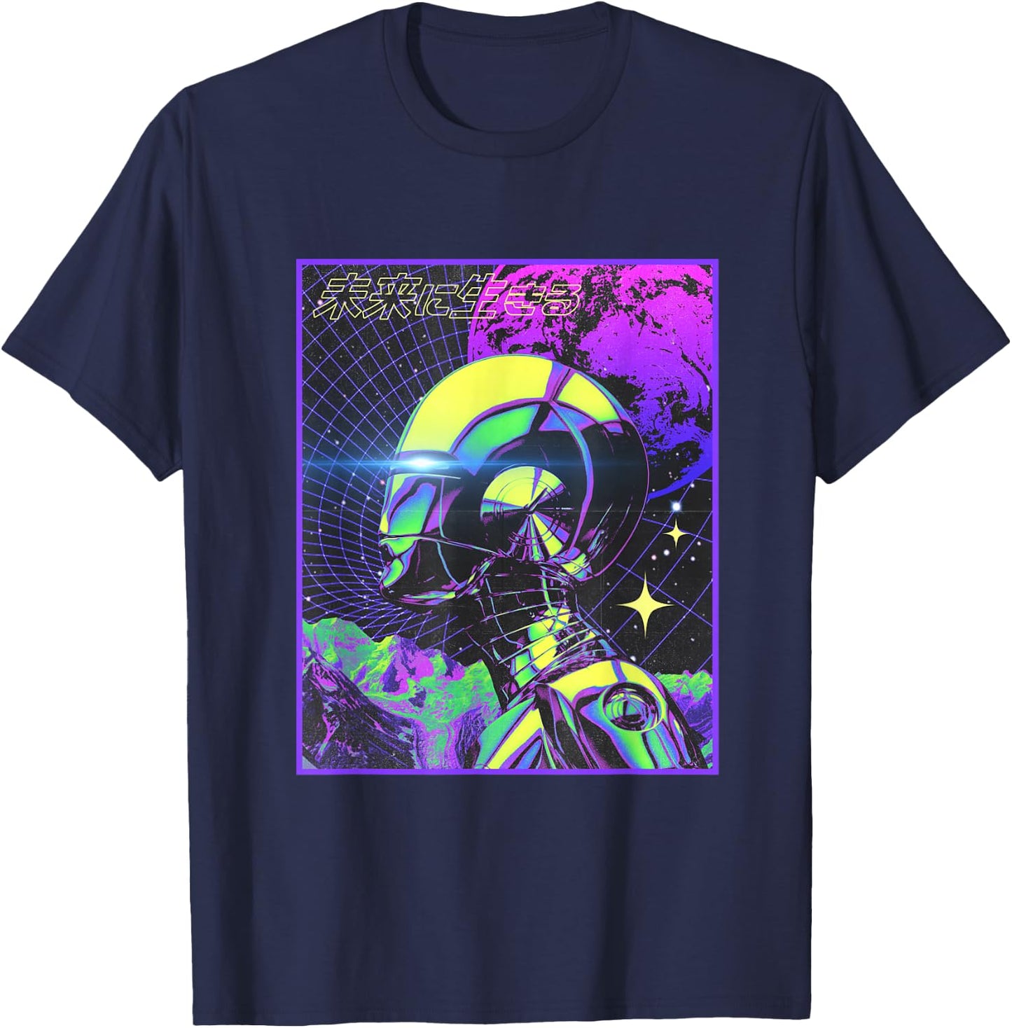 Cyberpunk Japanese Futuristic Robot Sci-Fi Vaporwave T-Shirt - T-Shirt | Navy