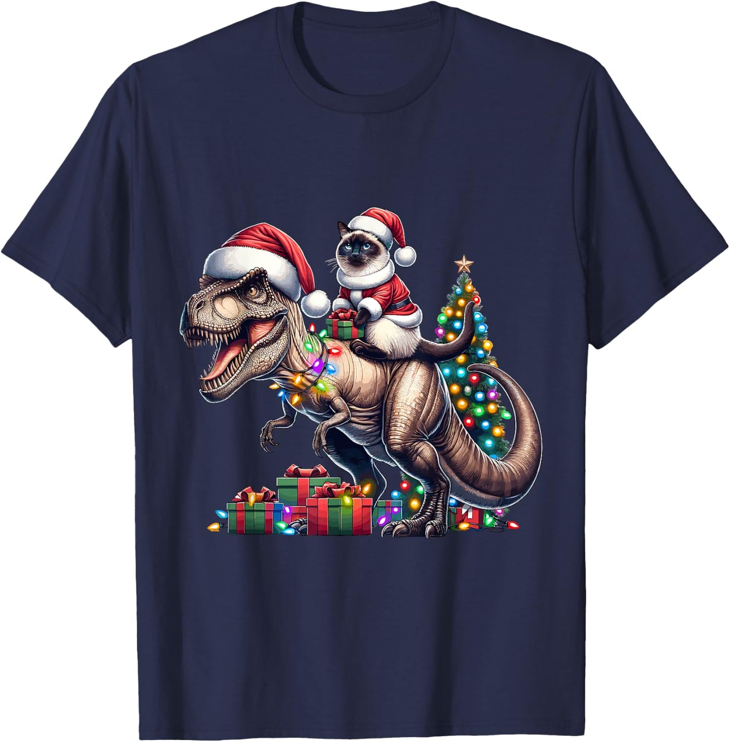 Siamese Cat Rides Festive T-Rex Santa For siamese cat Owners T-Shirt - T-Shirt | Navy