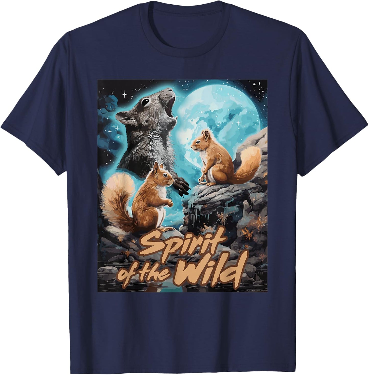 Presto Spirit of the Wild Funny Squirrels Black Women's Cartoon Animal-Print , Small, Short Sleeve, Classic Fit T-Shirt - T-Shirt | Navy