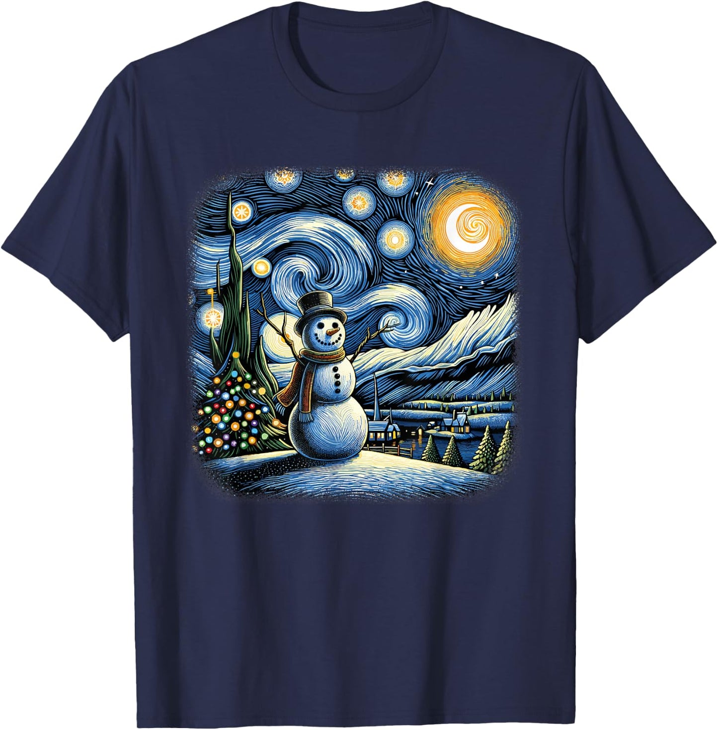 Van Gogh Starry Night Christmas Snowman Winter Snowy Night T-Shirt - T-Shirt | Navy