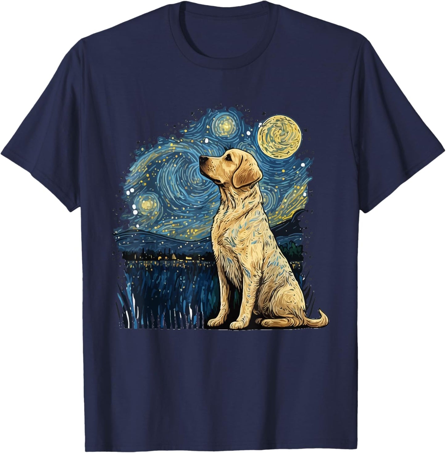 Golden Retriever Starry Night Van Gogh Golden Lab T-Shirt - T-Shirt | Navy