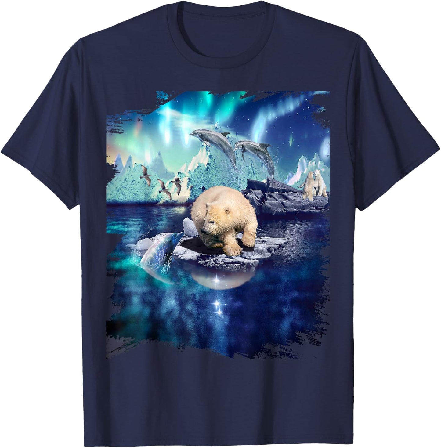 Dolphin and Northern Polar Bear, Lights and Dolphins T-Shirt - T-Shirt | Navy