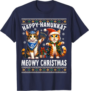 Cat Merry Christmas Happy Hanukkah Jewish Christian T-Shirt - T-Shirt | Navy