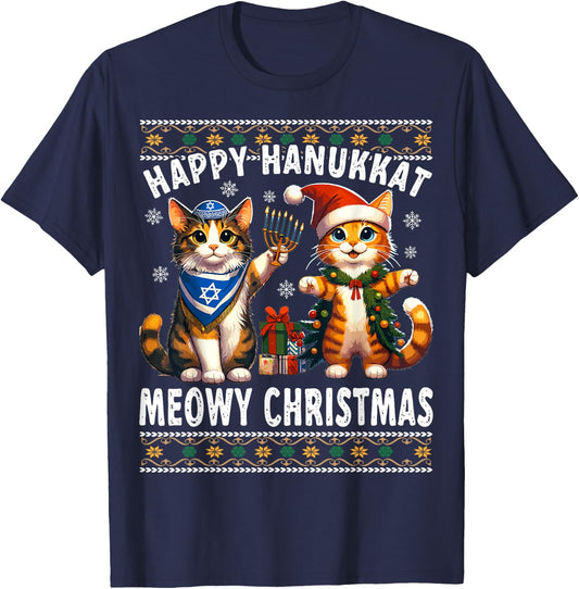 Cat Merry Christmas Happy Hanukkah Jewish Christian T-Shirt - T-Shirt | Navy