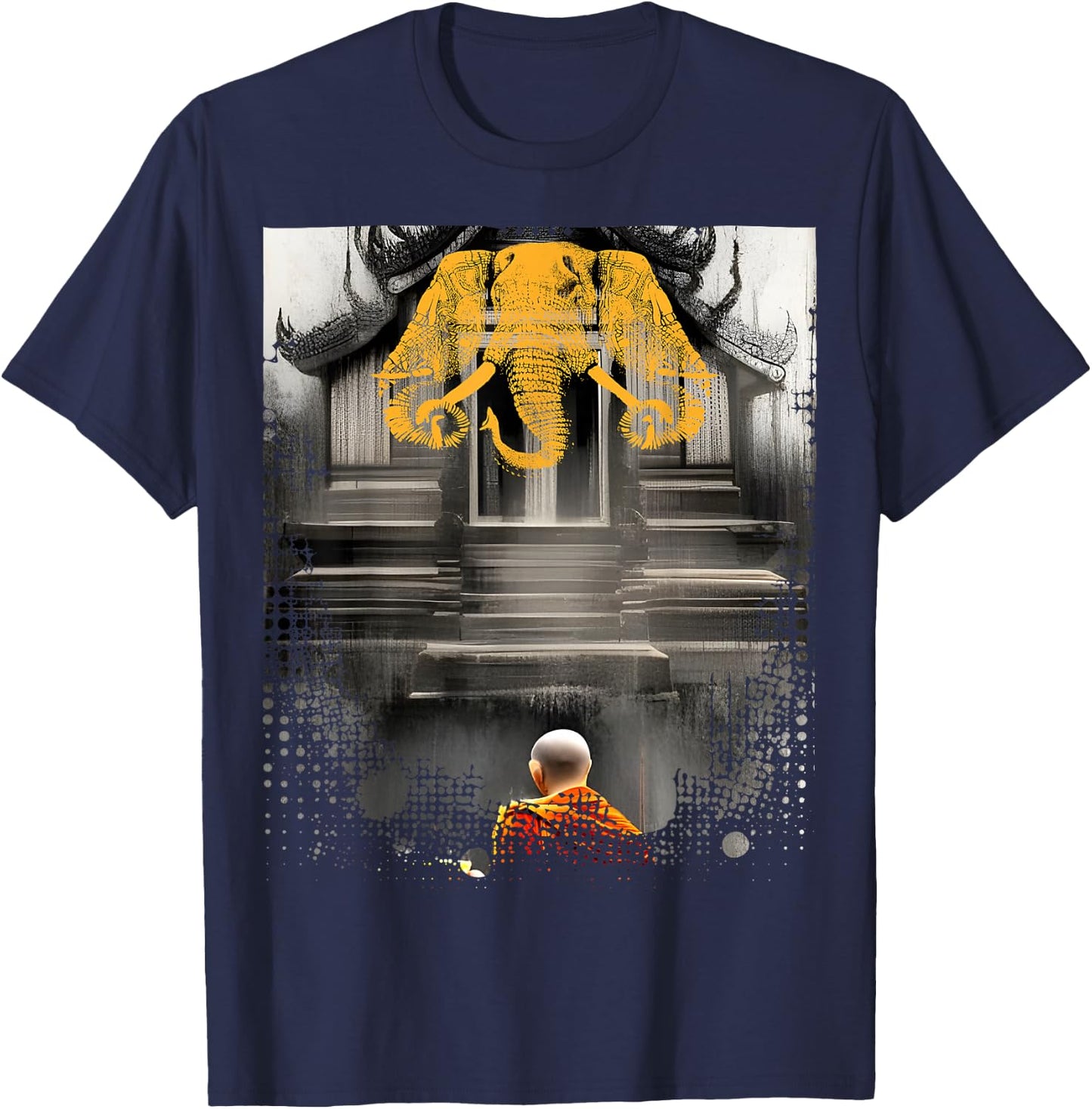 Laos 3 Head Elephant & Lao Monk Asian Buddhist Temple Flag T-Shirt - T-Shirt | Navy