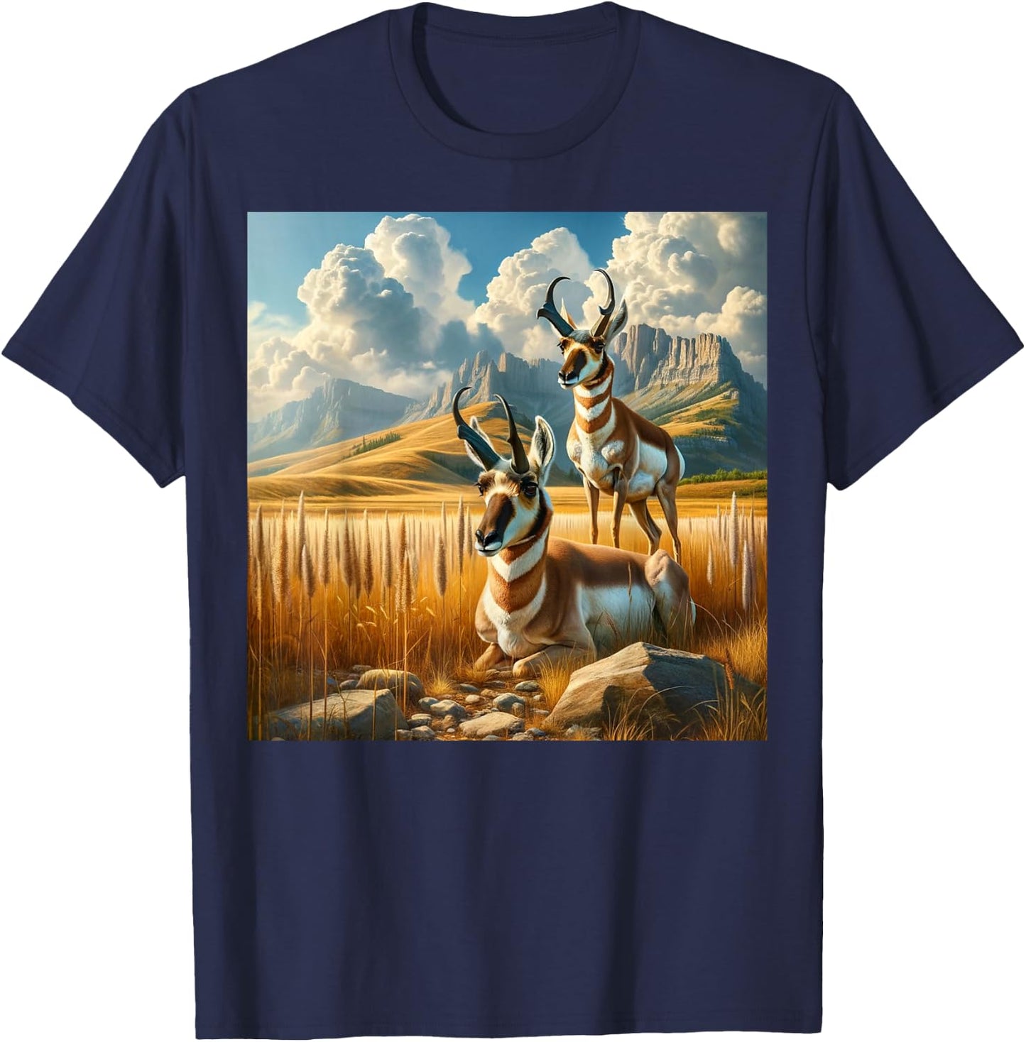 Wilderness Majesty - Pronghorn Antelope & Mountains T-Shirt - T-Shirt | Navy