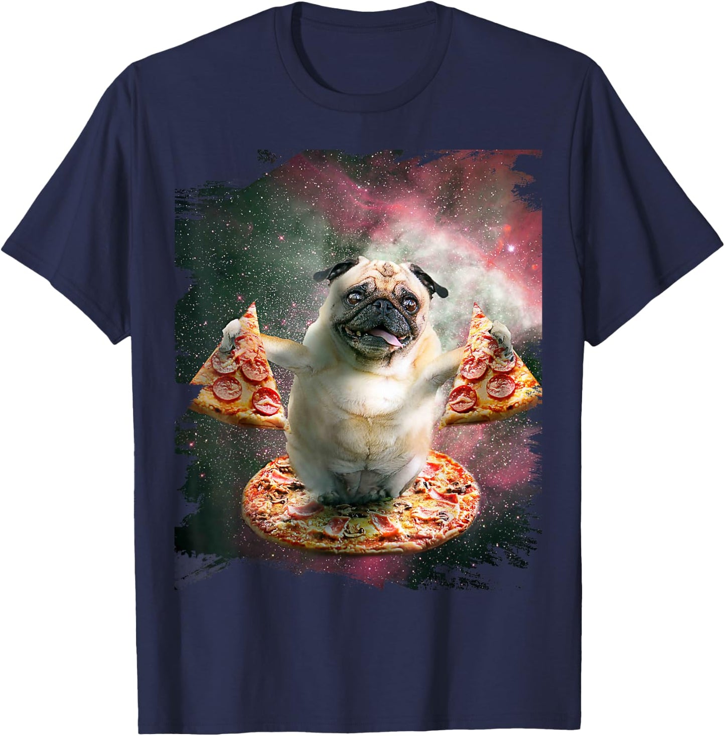 Random Galaxy Funny Pug Dog with Pizza T-Shirt - T-Shirt | Navy