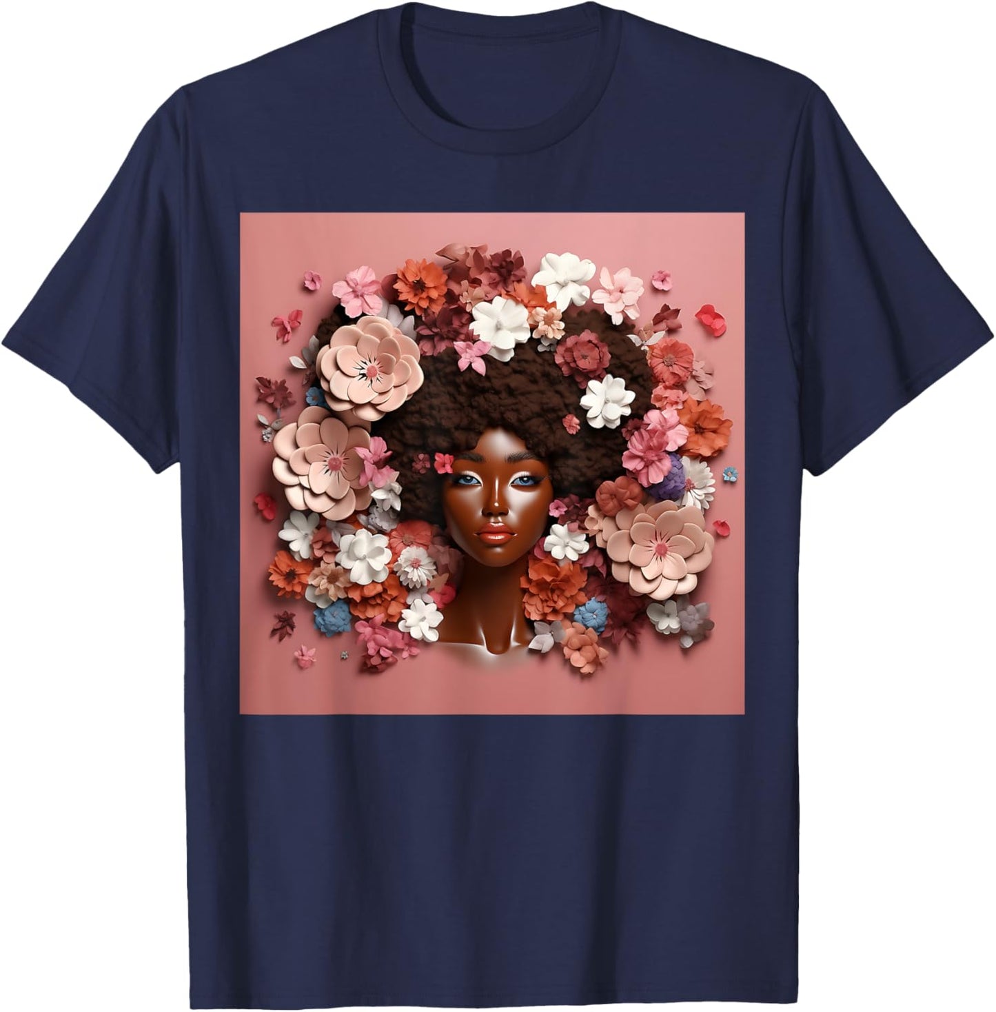 Afro Woman Floral Black Queen Puff Art Melanin Magic Pink T-Shirt - T-Shirt | Navy
