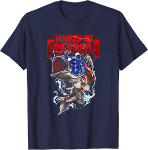 Hooked On Freedom 4th of July US Flag Patriotic Fishing Men T-Shirt - T-Shirt | Navy