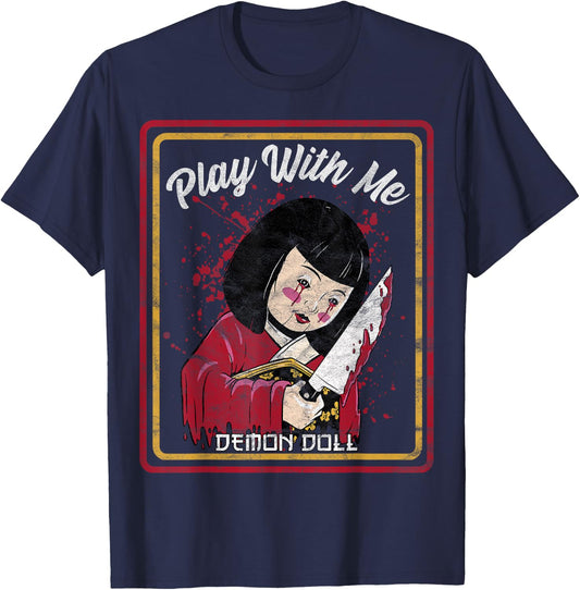 Vintage Child Game Horror Shirts and Vintage Horror, Play With Me, Haunted Ichimatsu Doll - -Adults, Black, Small, Short Sleeve T-Shirt - T-Shirt | Navy