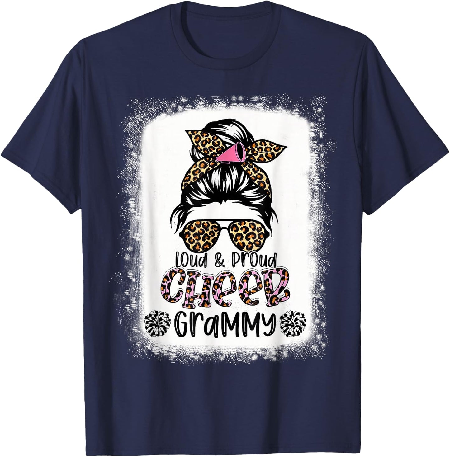 Loud And Proud Cheer Grammy Leopard Messy Bun Bleached T-Shirt - T-Shirt | Navy