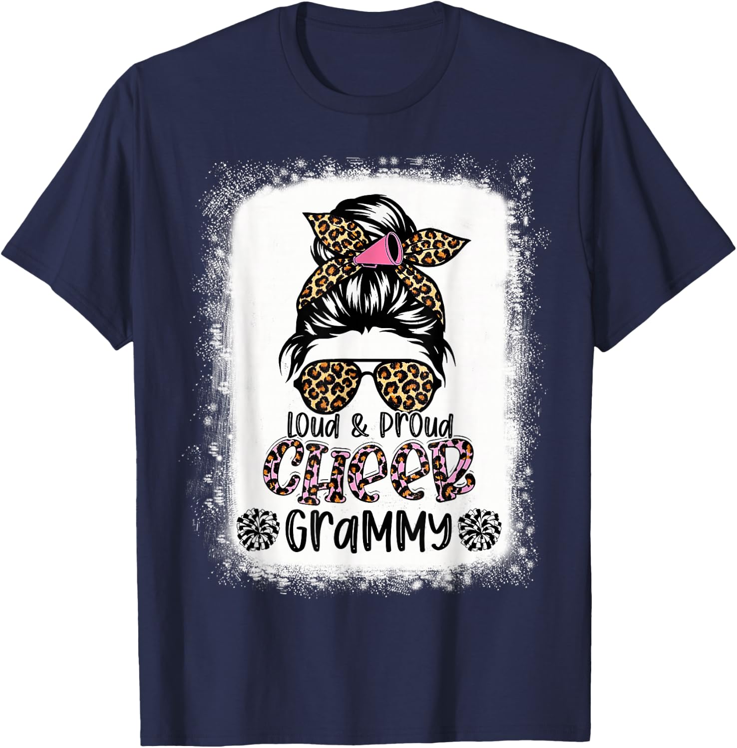 Loud And Proud Cheer Grammy Leopard Messy Bun Bleached T-Shirt - T-Shirt | Navy