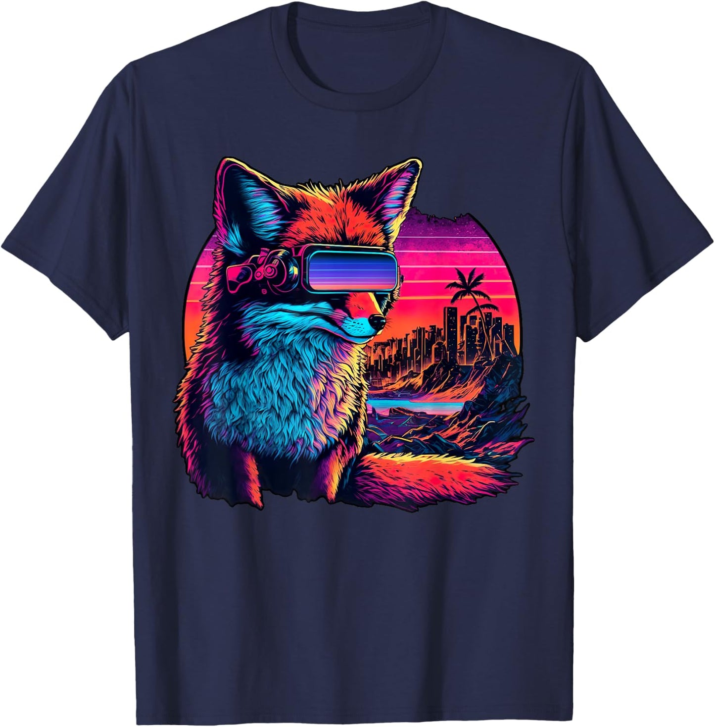 Synthwave Fox with Neon Sunset and Retro Futuristic Vibes T-Shirt - T-Shirt | Navy