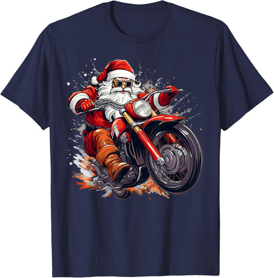 Christmas Santa Motorcycle Rider Xmas T-Shirt - T-Shirt | Navy