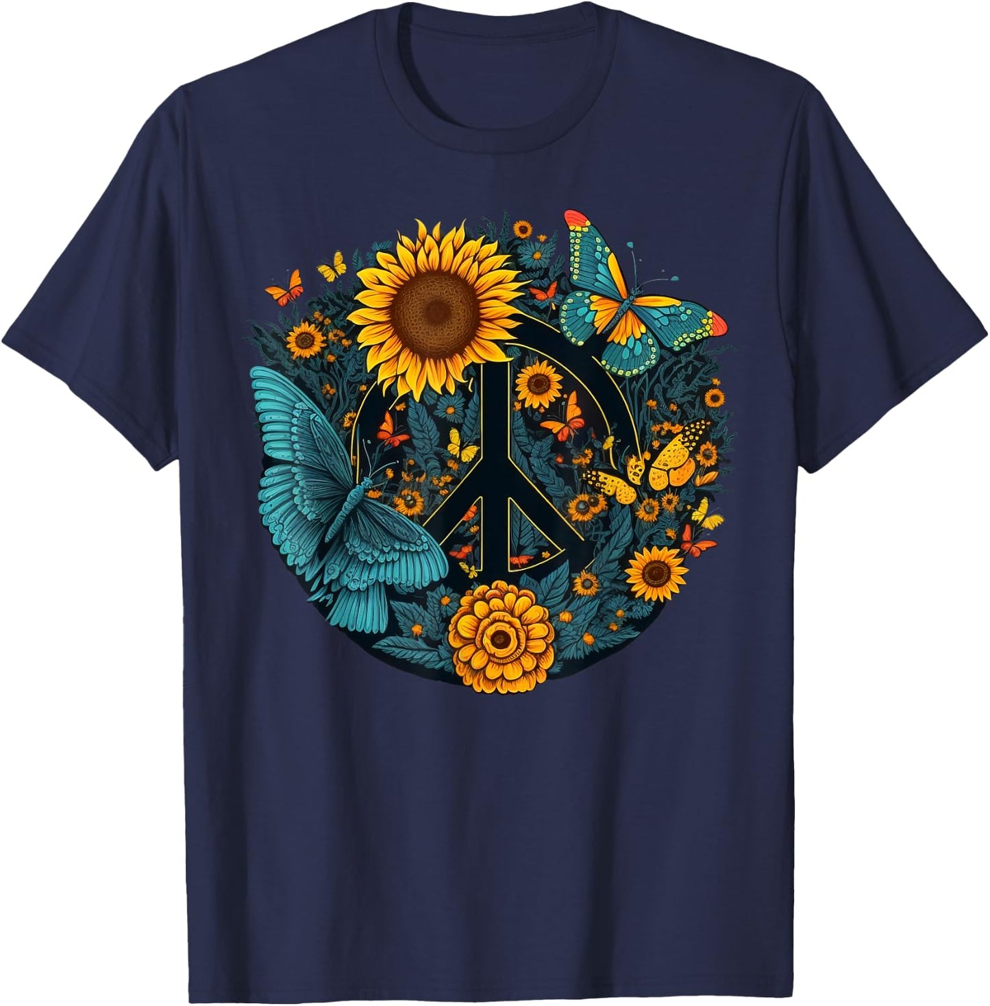 World Peace on Love Sunflower Peace T-Shirt - T-Shirt | Navy