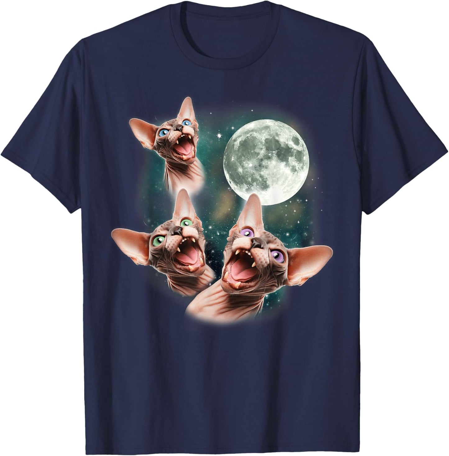 Three Sphynx Moon | 3 Hairless Cats Howling Cursed Wolf Meme Women Kids T-Shirt - T-Shirt | Navy