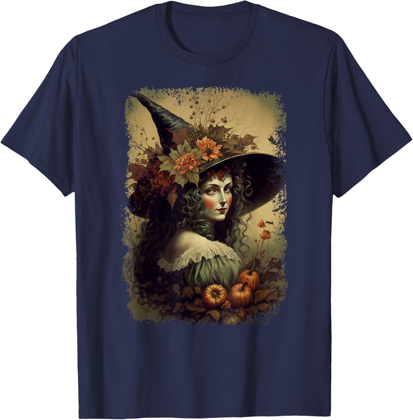 Vintage Nature Witch October Halloween Illustration T-Shirt - T-Shirt | Navy