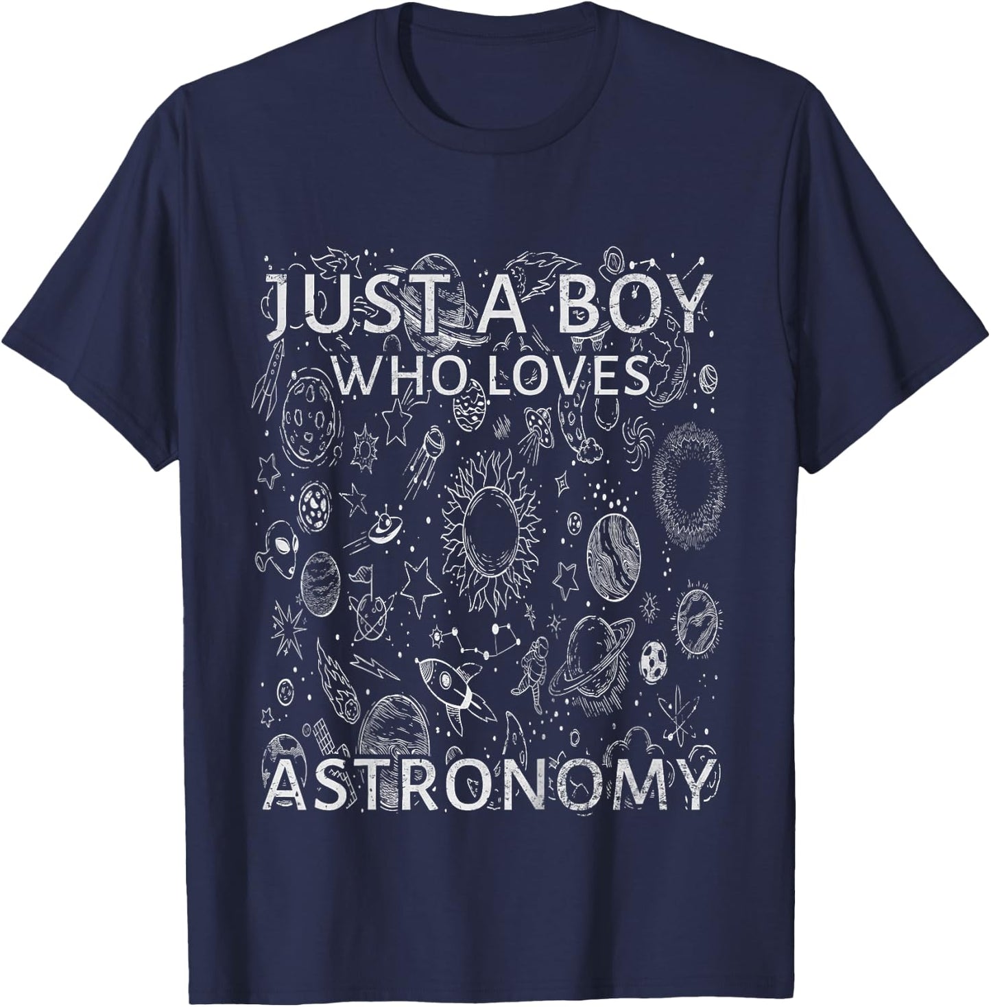 Kids Vintage Just A Boy Who Loves Astronomy Space Planet Lover T-Shirt - T-Shirt | Navy